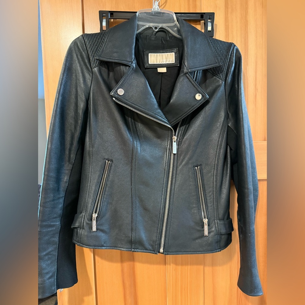 Michael Kors Black Leather Moto Jacket Asymmetrical Zipper